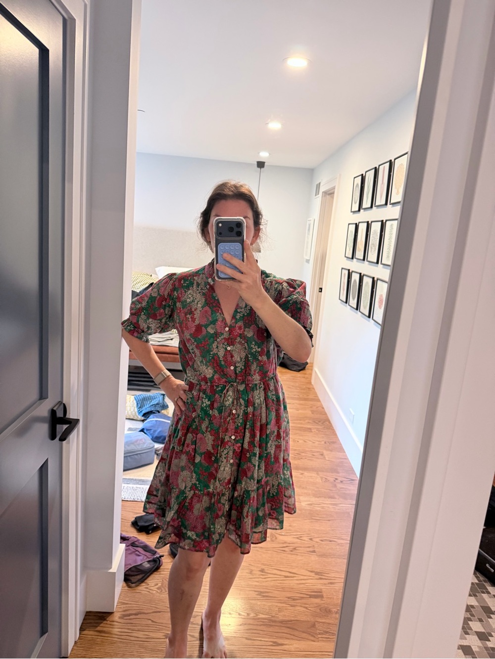 Floral V-Neck Short Dress in Pink and Green